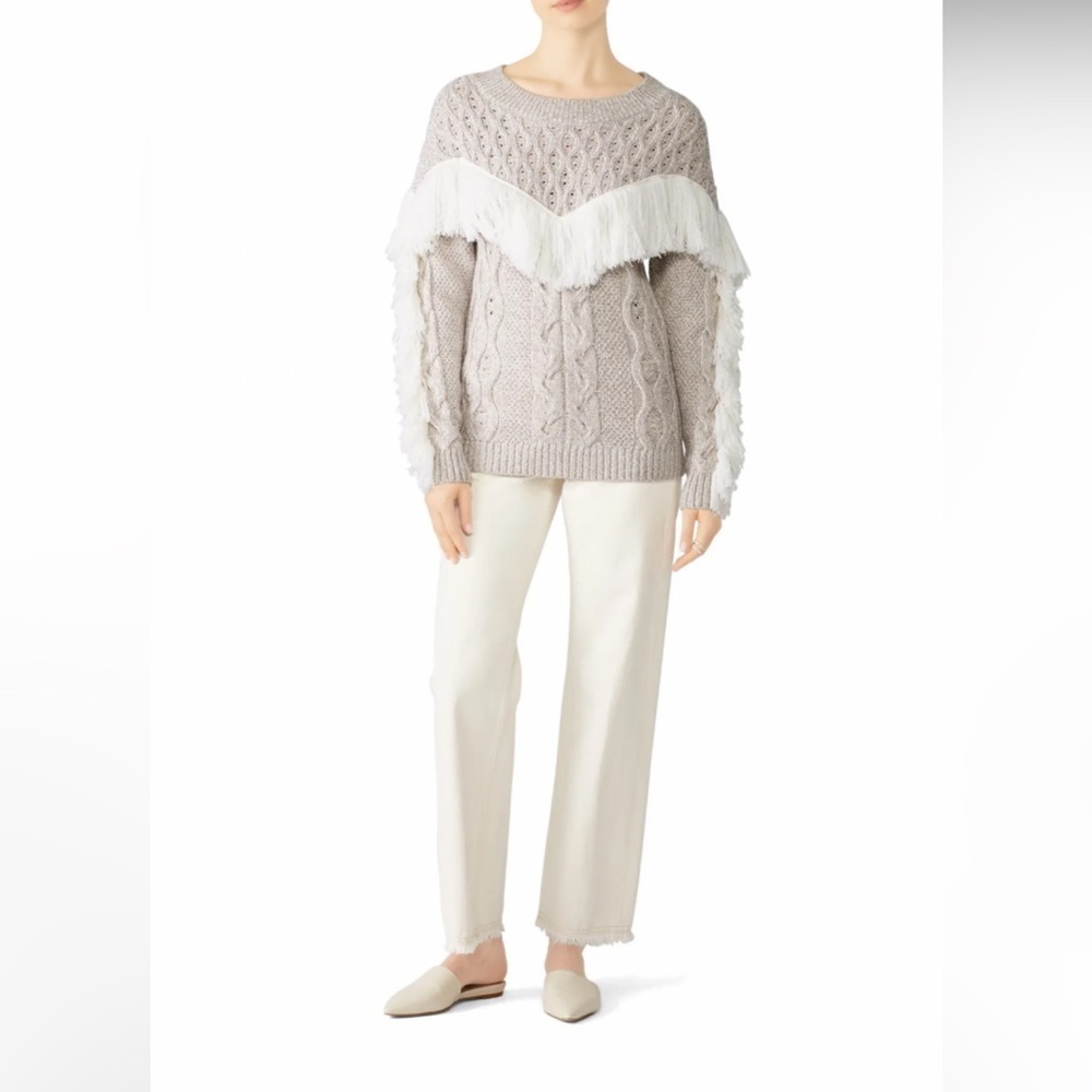 AMUR Ulla Fringe Sweater Size M&L Beige Long Sleeve Cable Knit Merino Wool